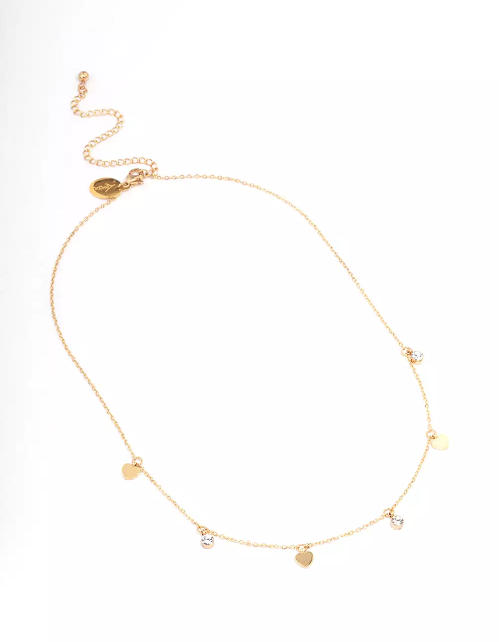 Gold Plated Stainless Steel Diamante & Heart Droplet Short Necklace