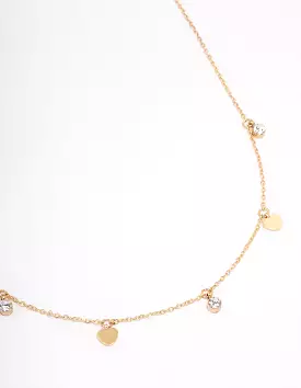 Gold Plated Stainless Steel Diamante & Heart Droplet Short Necklace