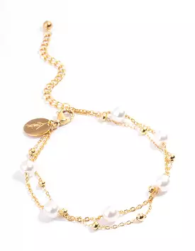 Gold Plated Stainless Steel Double Layer Pearl Ball Bracelet