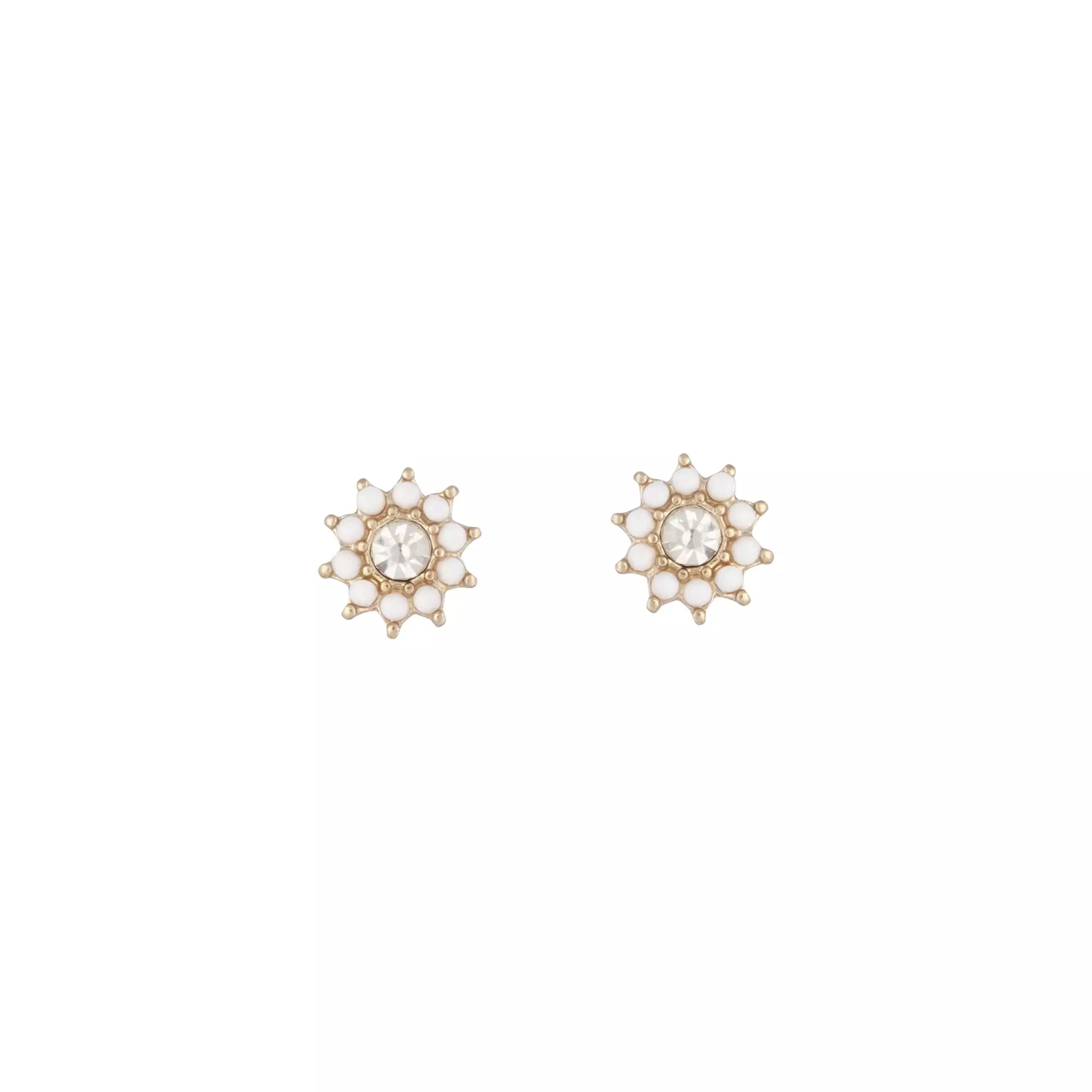 Gold White Flower Diamante Stud Earrings