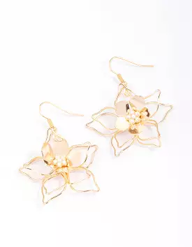 Gold Wire Pearl Flower Drop Earrings