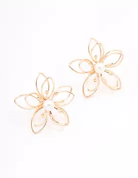 Gold Wire Pearl Flower Stud Earrings