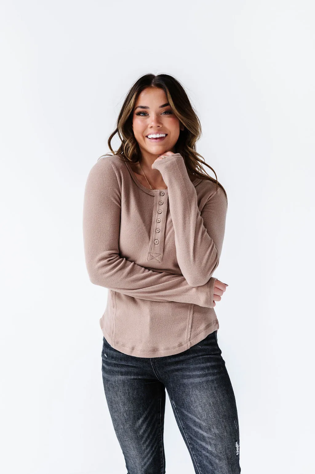 Grayson Long Sleeve Tee in Mocha - Size Small Left