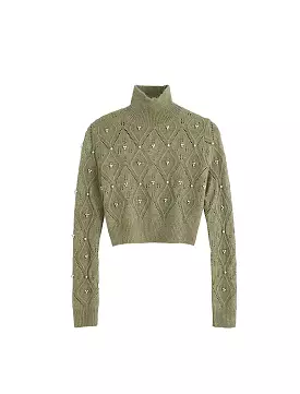 Green Turtleneck Short Sweater With Pearl Beads