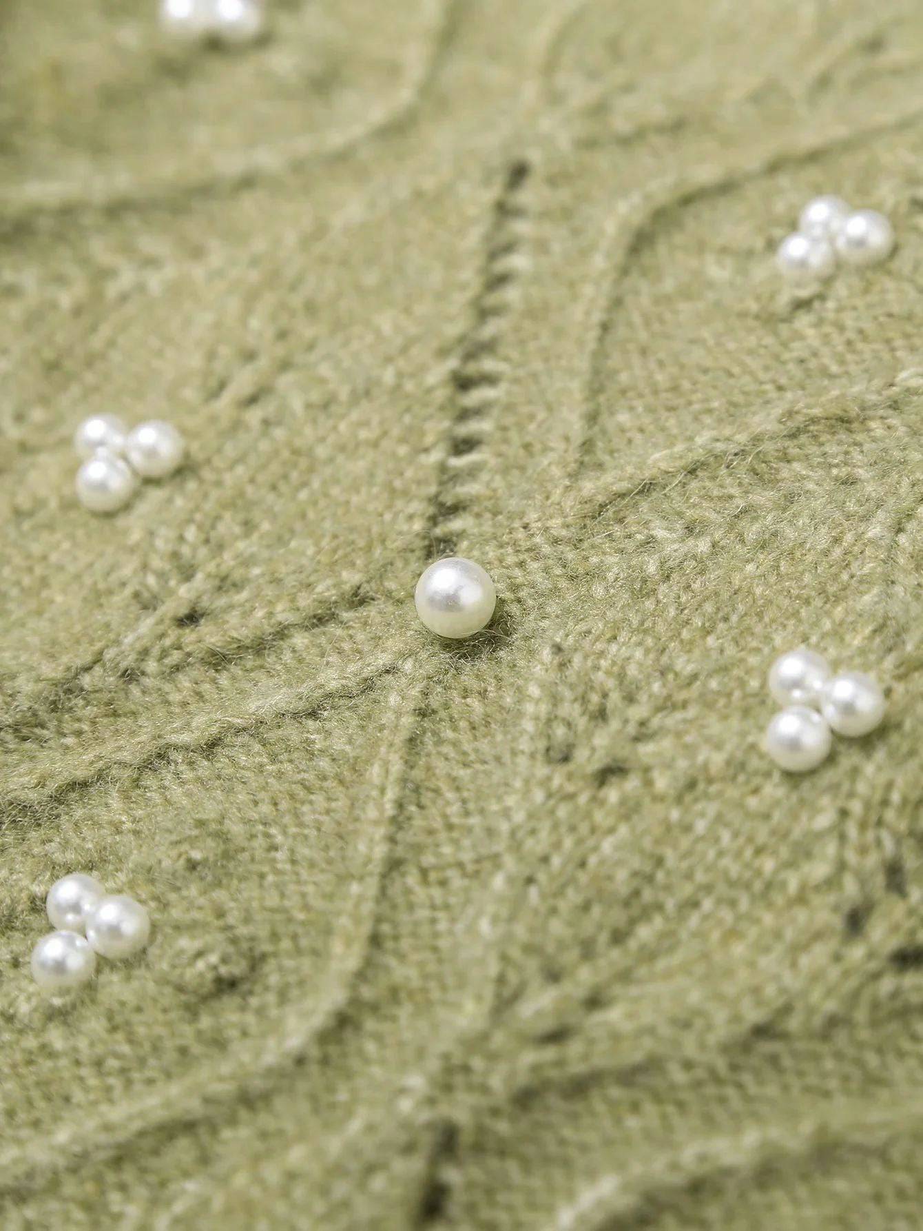 Green Turtleneck Short Sweater With Pearl Beads