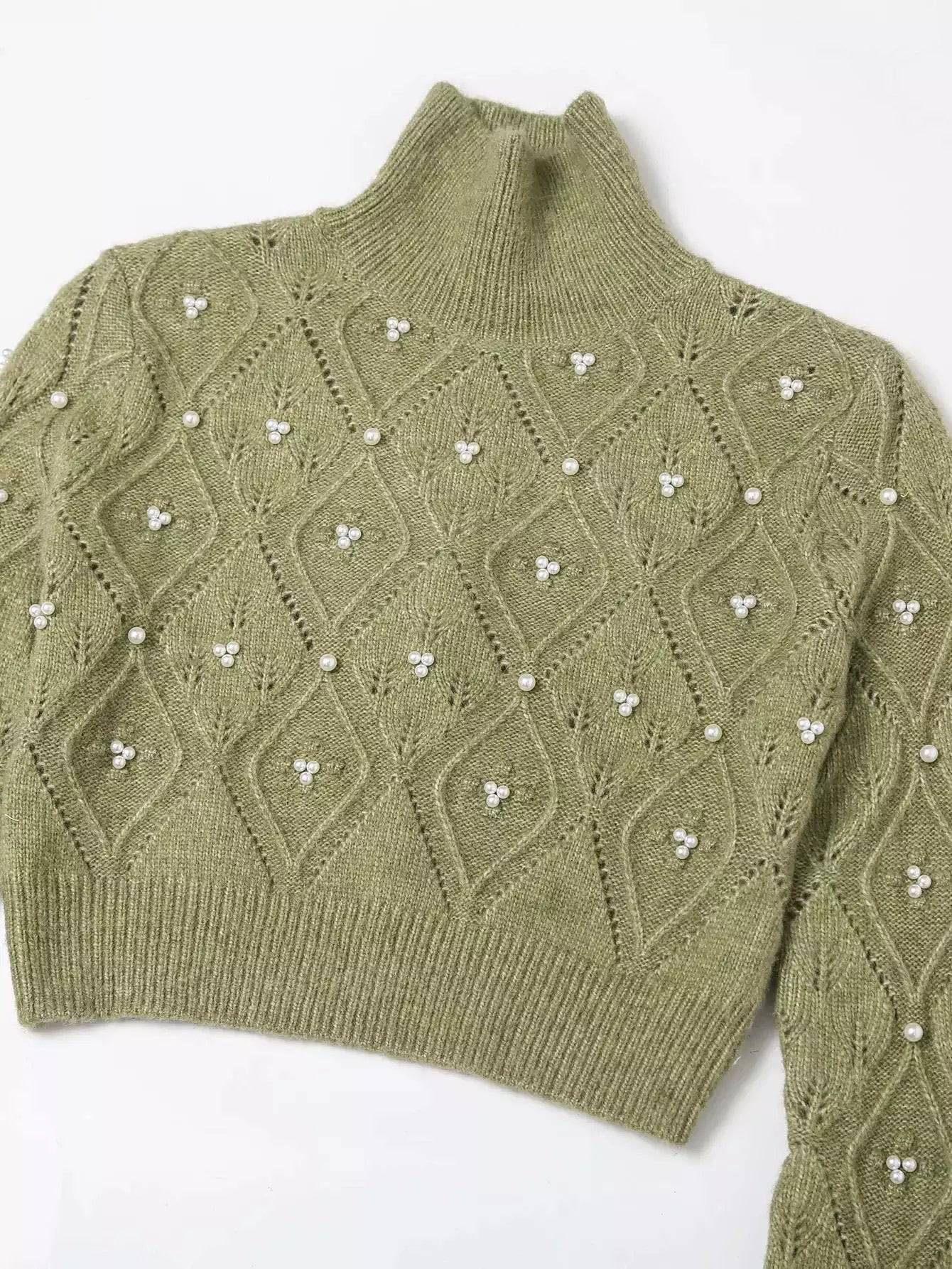 Green Turtleneck Short Sweater With Pearl Beads