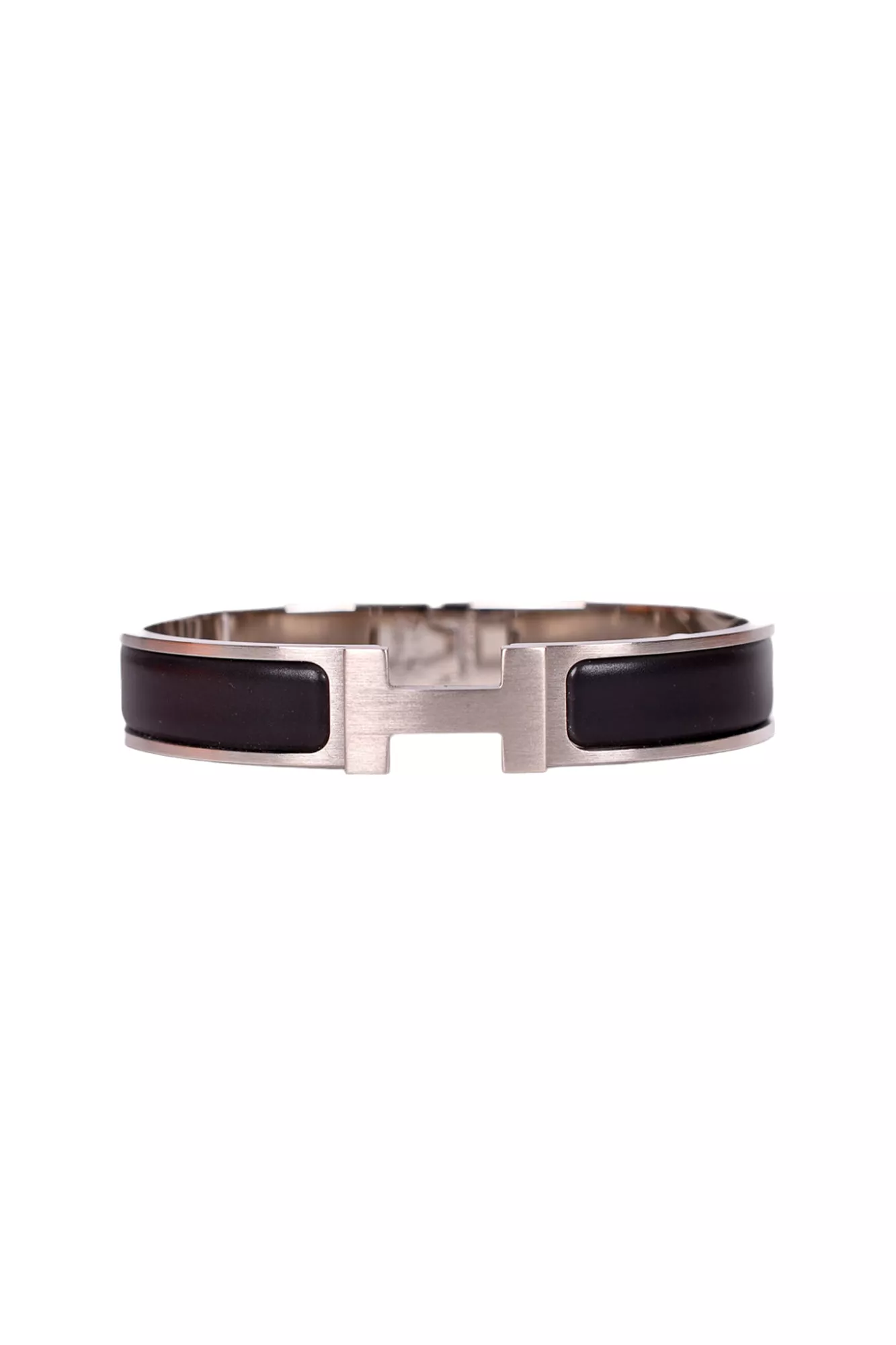 Hermes Brushed Silver Toned Matte Black Enamel Clic Clac Bangle