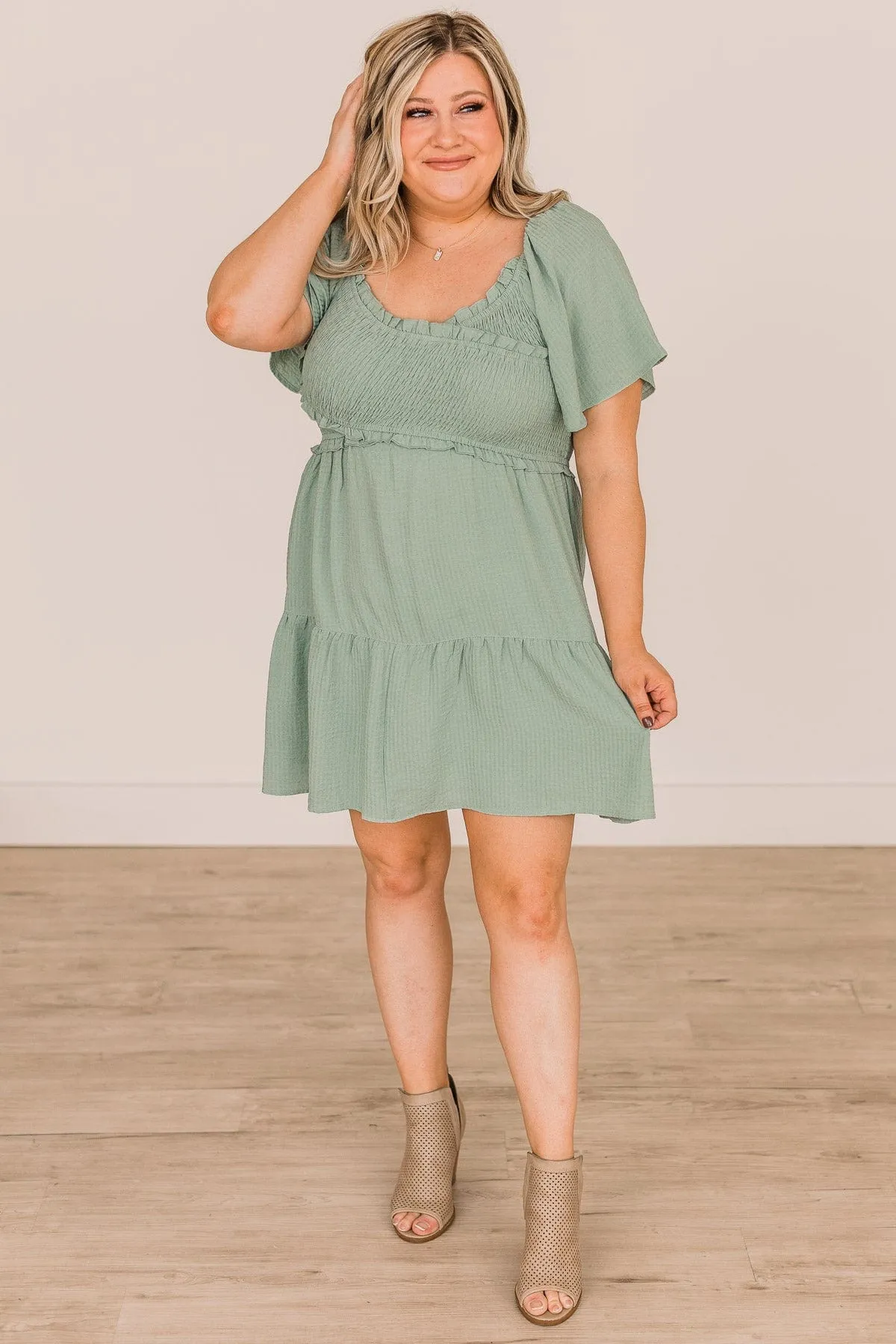 Holding On To Forever Smocked Dress- Sage