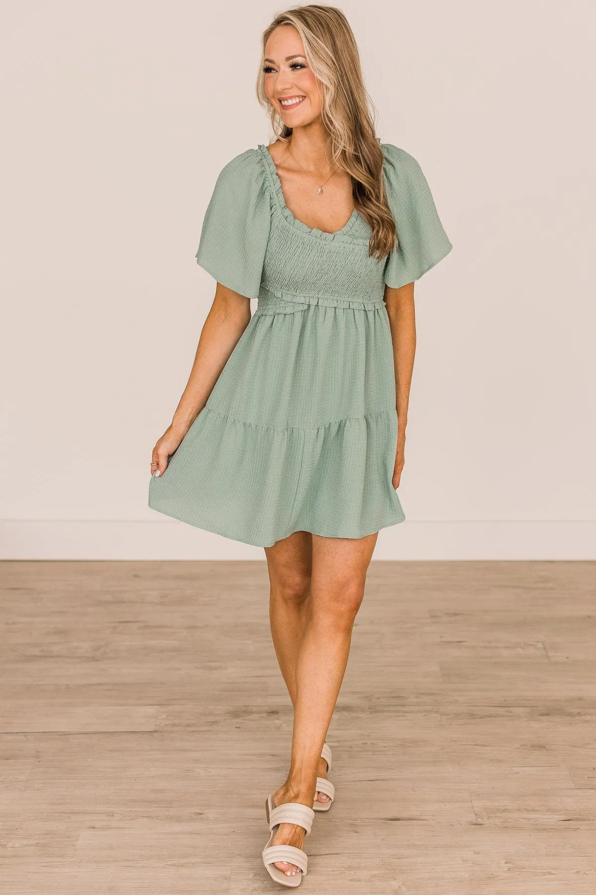 Holding On To Forever Smocked Dress- Sage