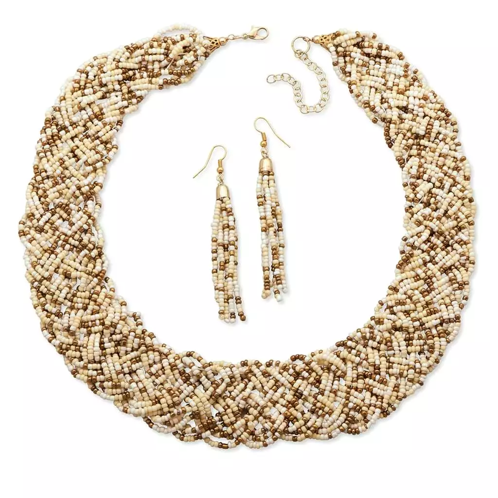 Ivory and Bronze Seed Beaded Collar Necklace and Earrings