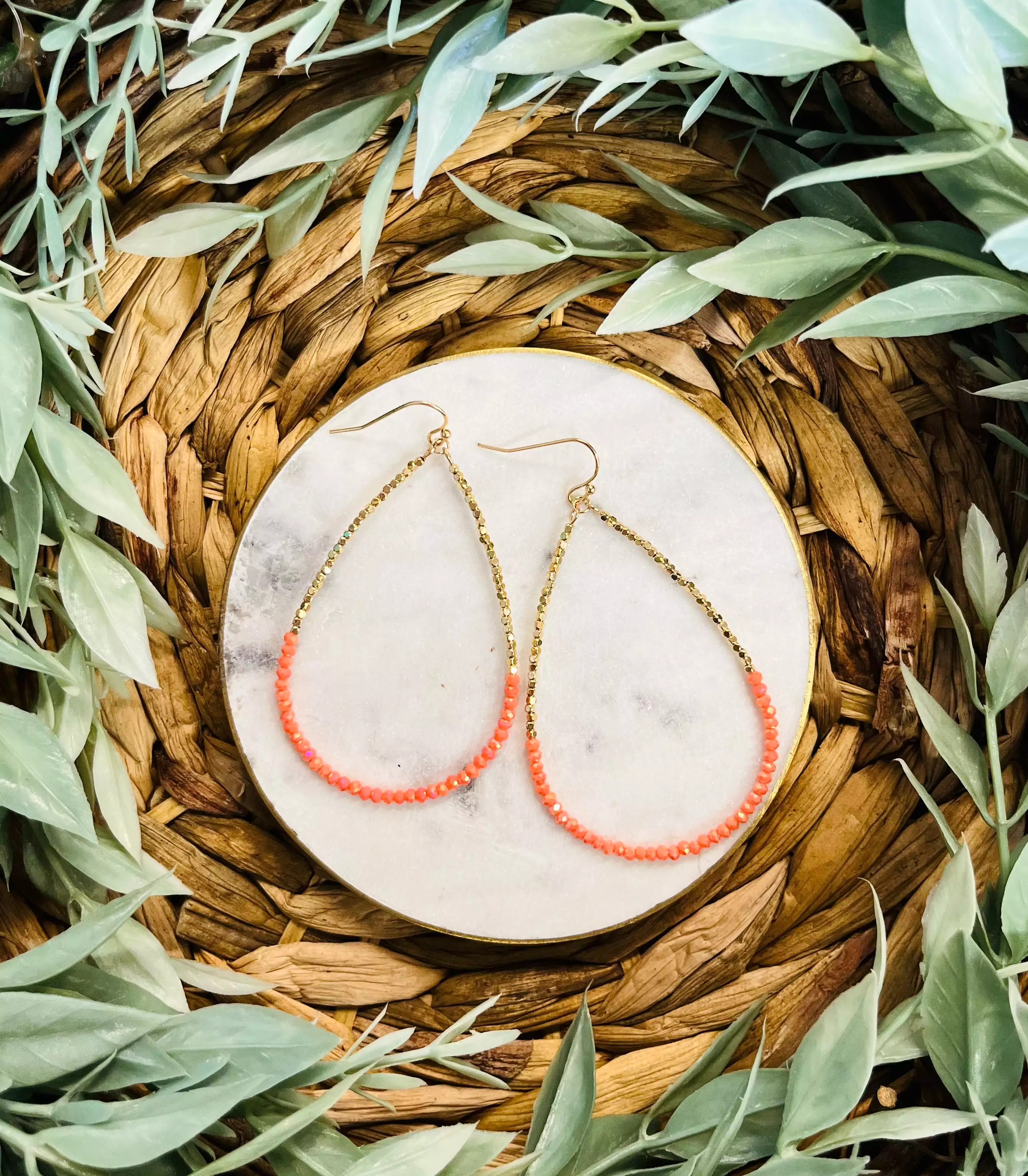 Jasmine Beaded Teardrop Earrings  Coral