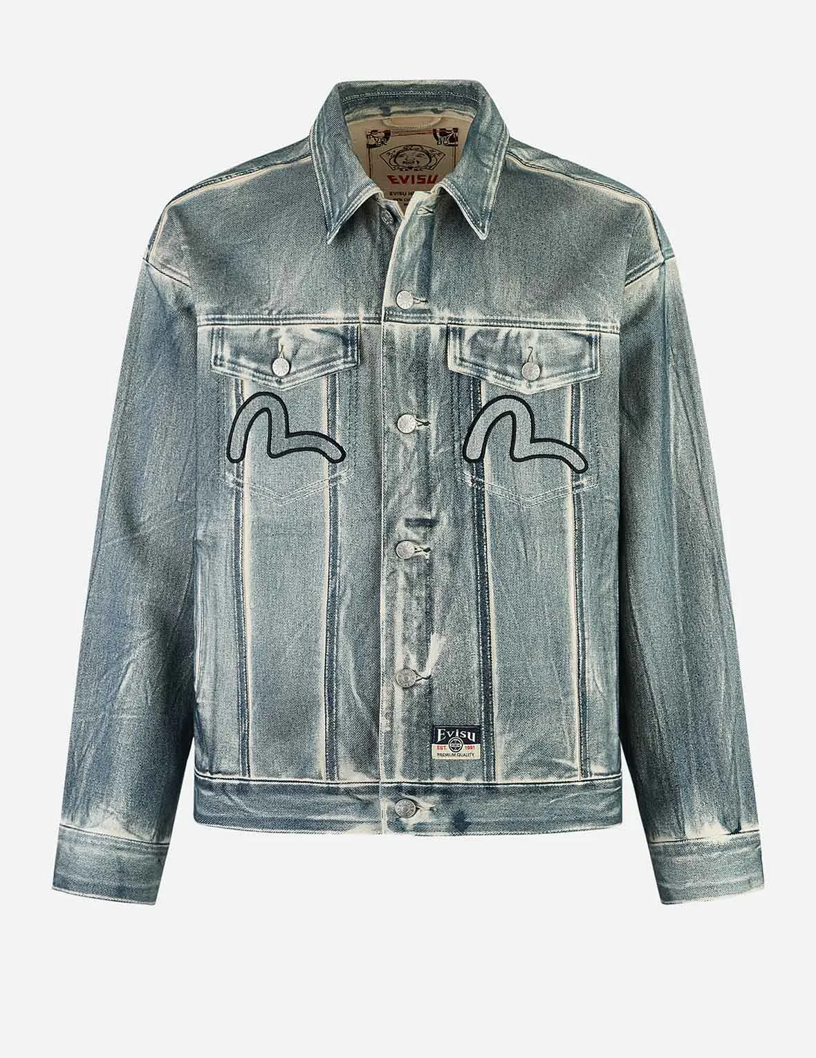 Kamon and Seagull Appliqué with Rubbing Print Fashion Fit Denim Jacket