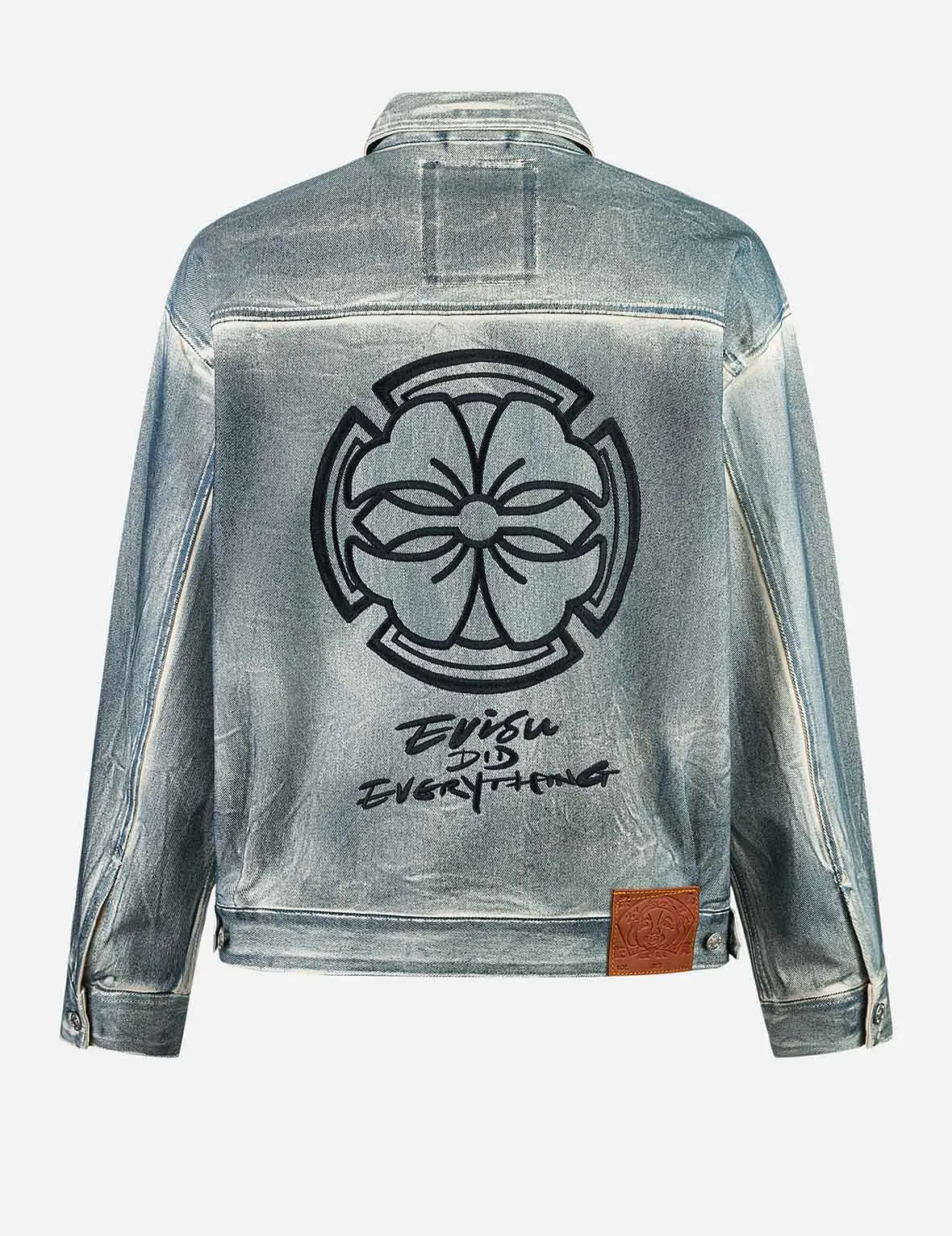 Kamon and Seagull Appliqué with Rubbing Print Fashion Fit Denim Jacket