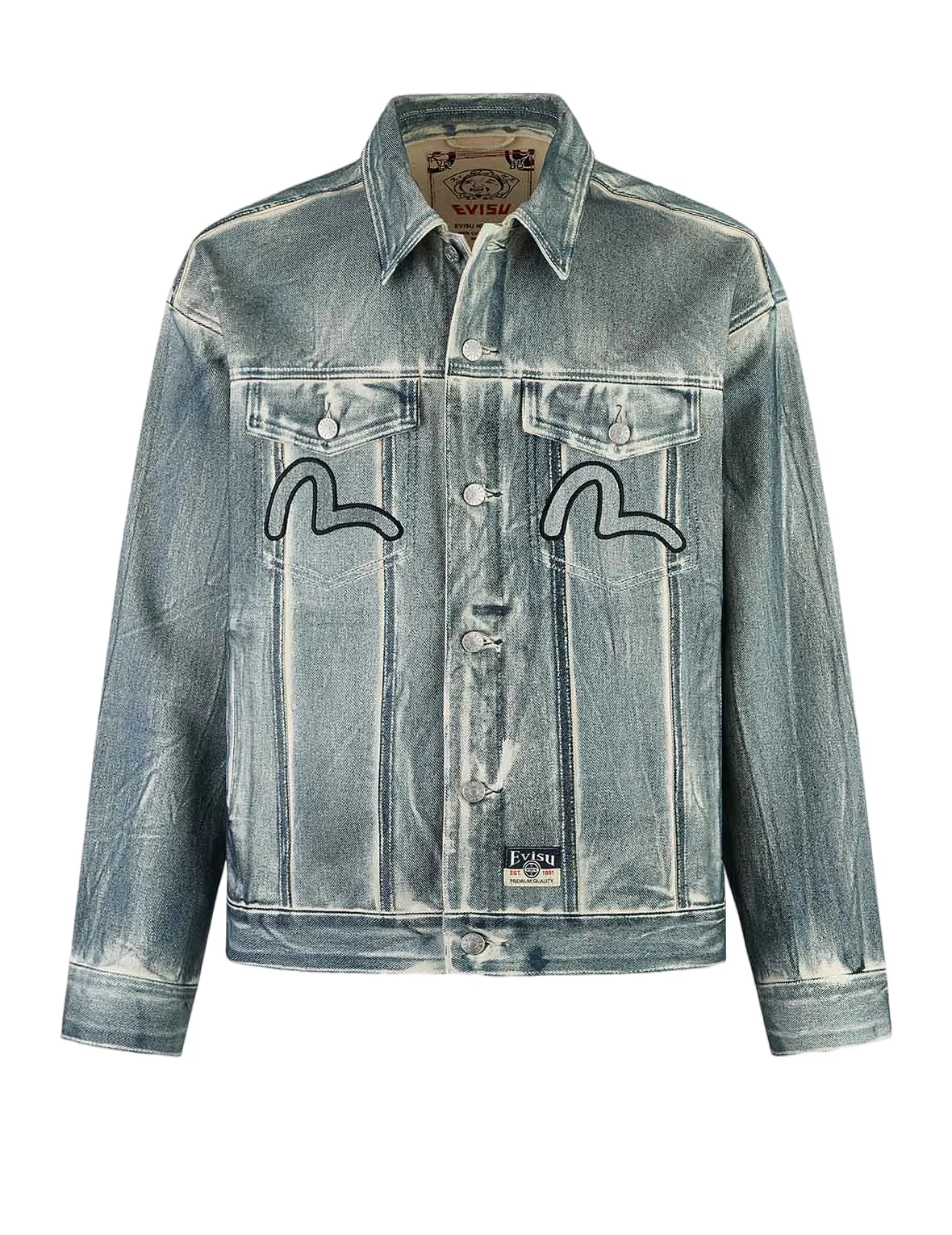 Kamon and Seagull Appliqué with Rubbing Print Fashion Fit Denim Jacket