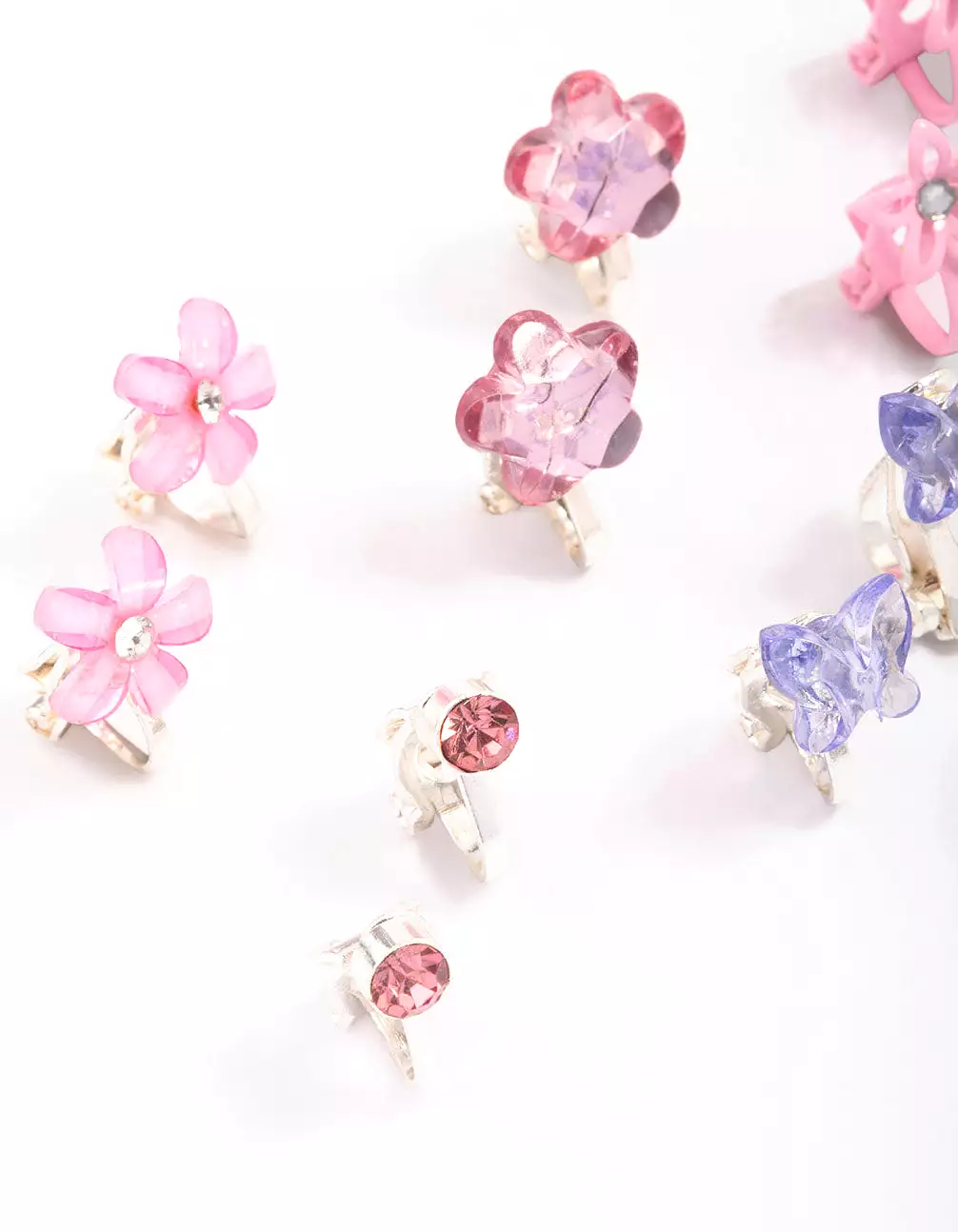 Kids Crystal Butterfly & Flower Clip On Earring 5-Pack