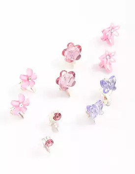 Kids Crystal Butterfly & Flower Clip On Earring 5-Pack