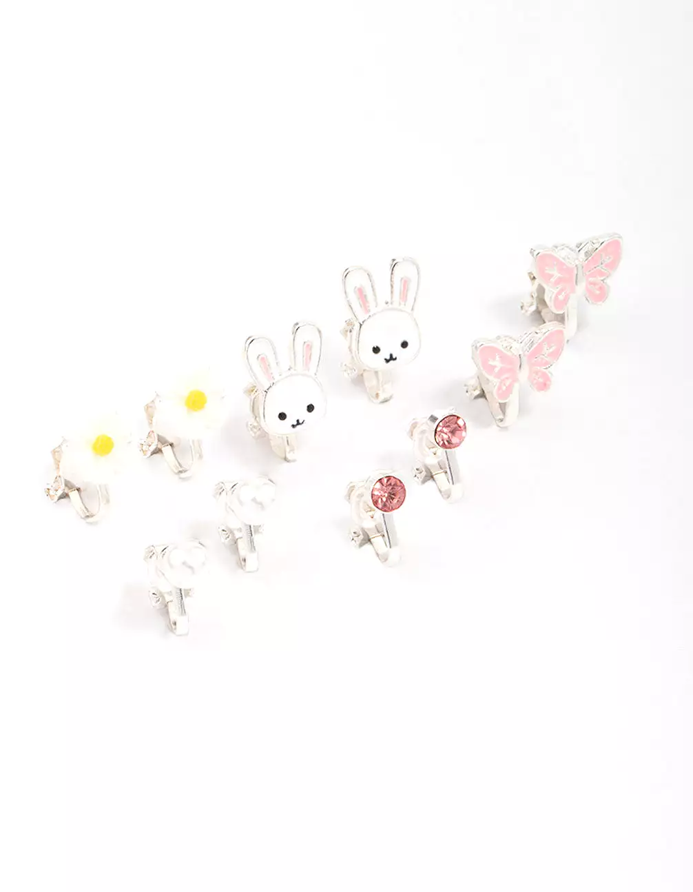 Kids Silver Bunny & Flower Clip On Earring 6-Pack