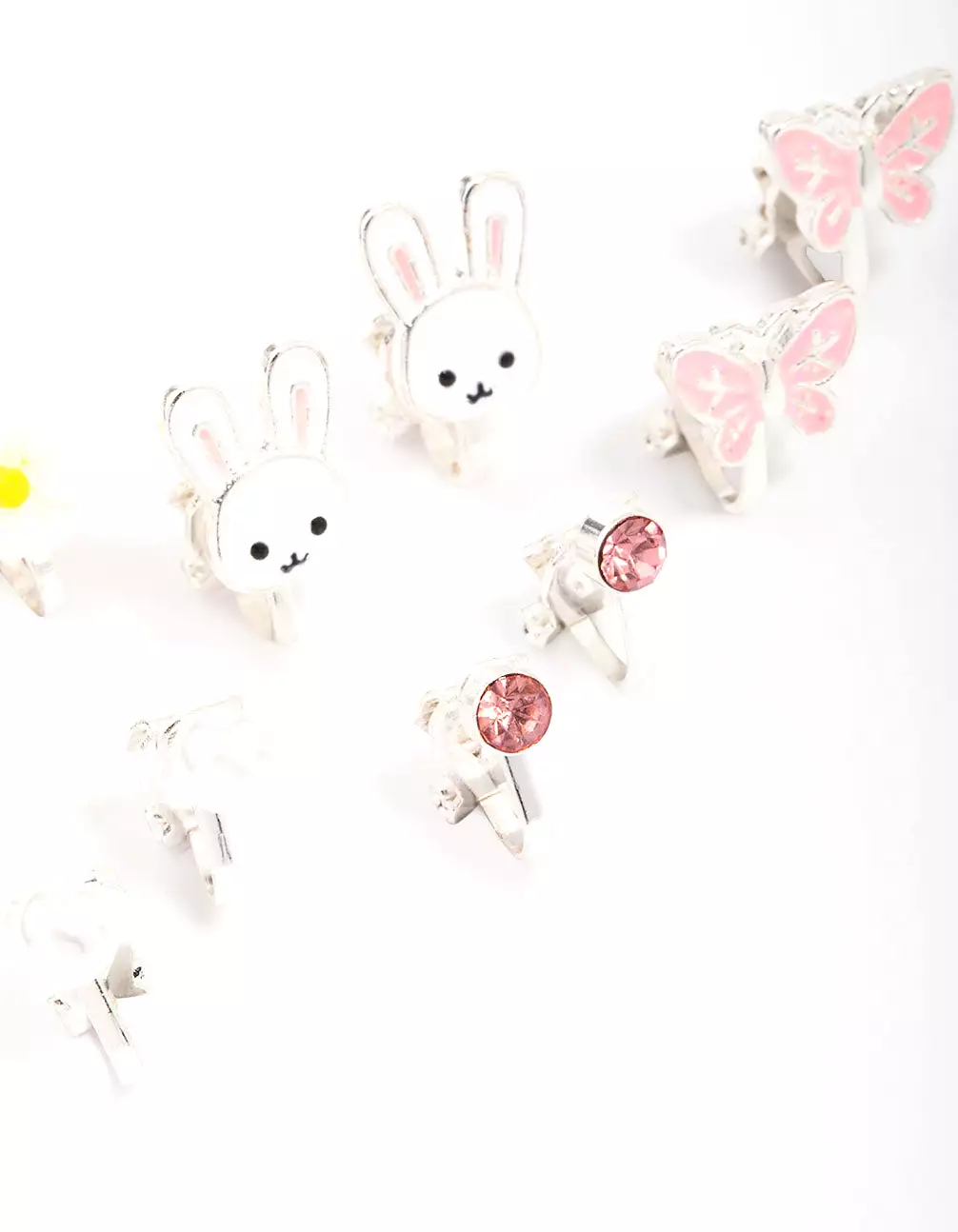 Kids Silver Bunny & Flower Clip On Earring 6-Pack