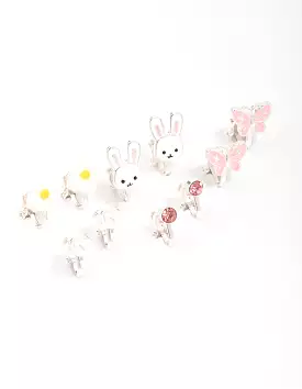 Kids Silver Bunny & Flower Clip On Earring 6-Pack