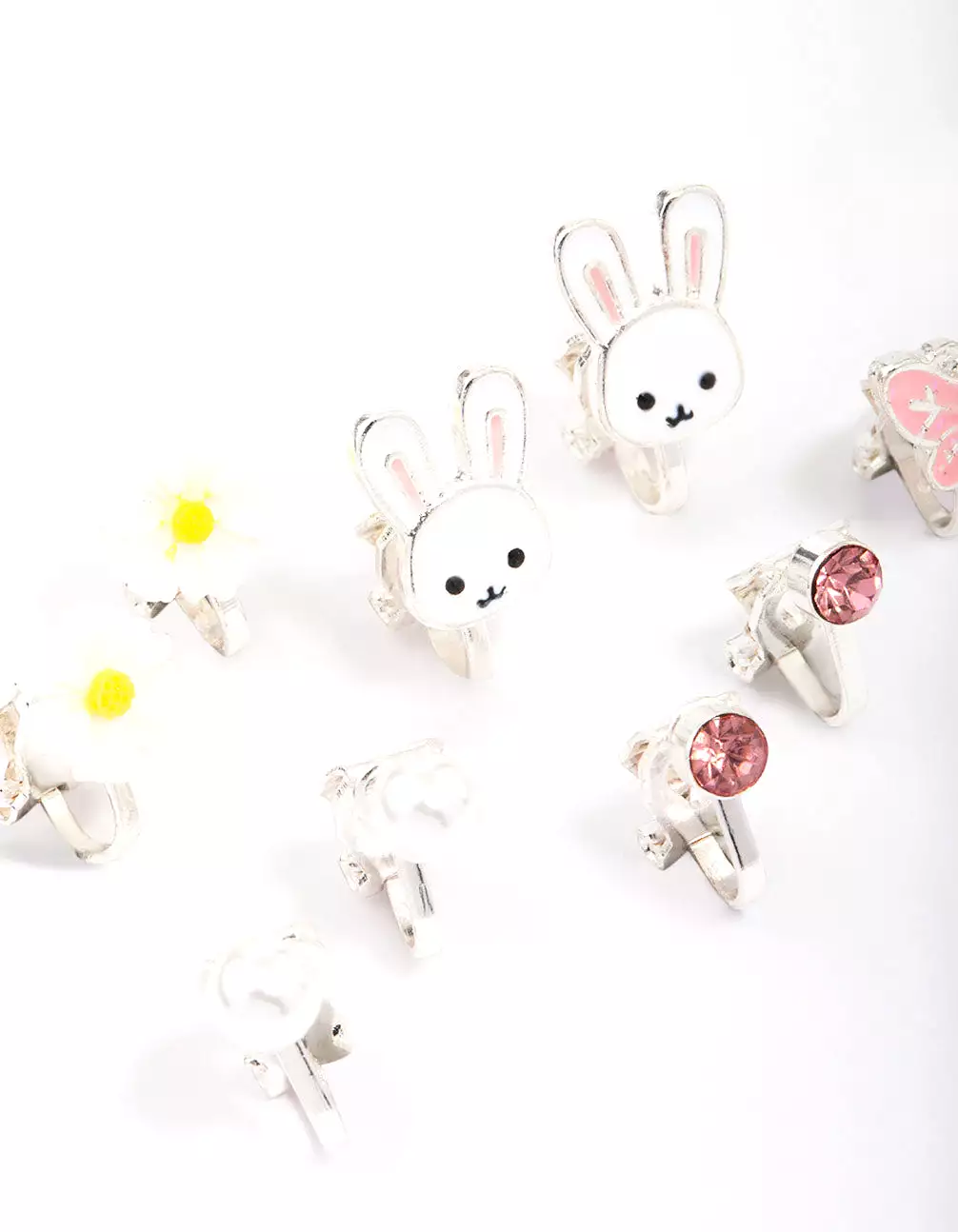 Kids Silver Bunny & Flower Clip On Earring 6-Pack