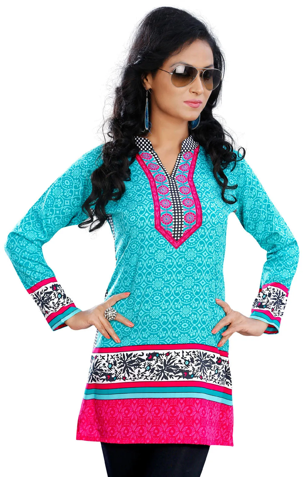 Kurti Top Long Tunic Womens Printed Blouse India Clothing (Turquoise)