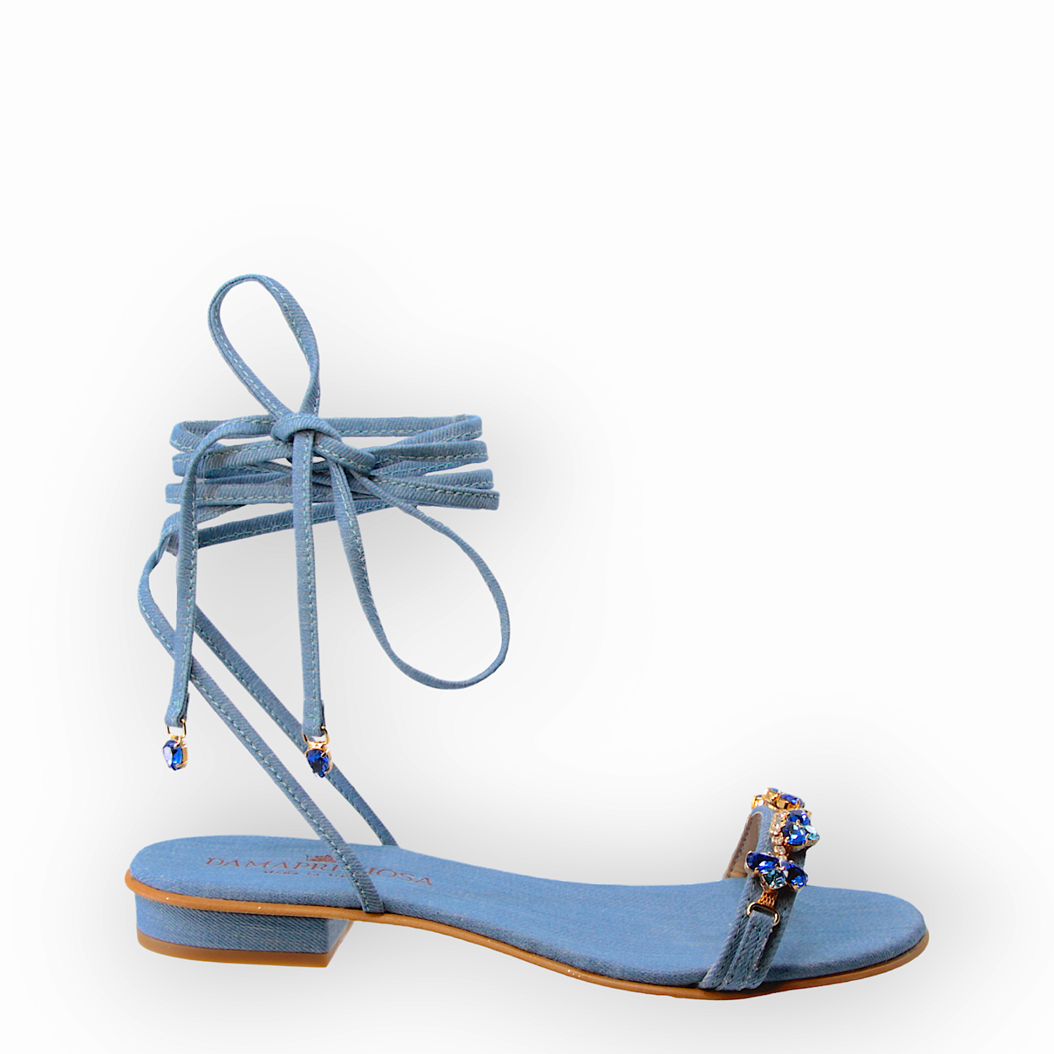 Lulù Light Blue Denim Lace-Up Flat Sandal With Sapphire crystal drops.