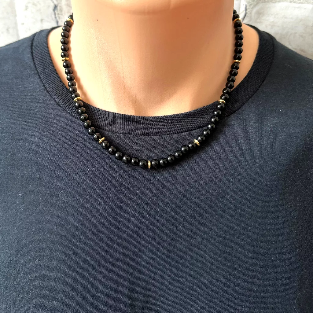 Mens Black Onyx and Gold Hematite Rondelle Beaded Necklace