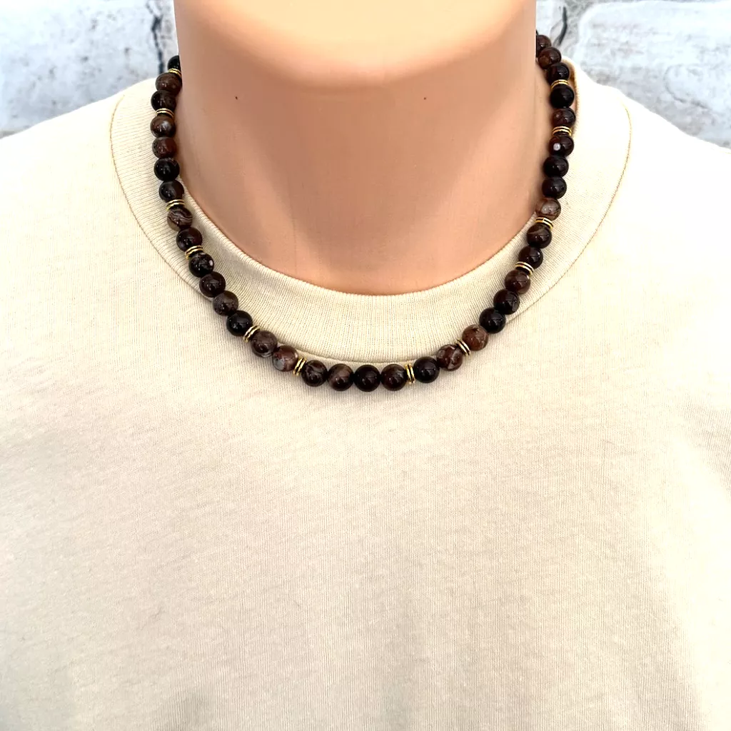 Mens Espresso and Gold Beaded Necklace