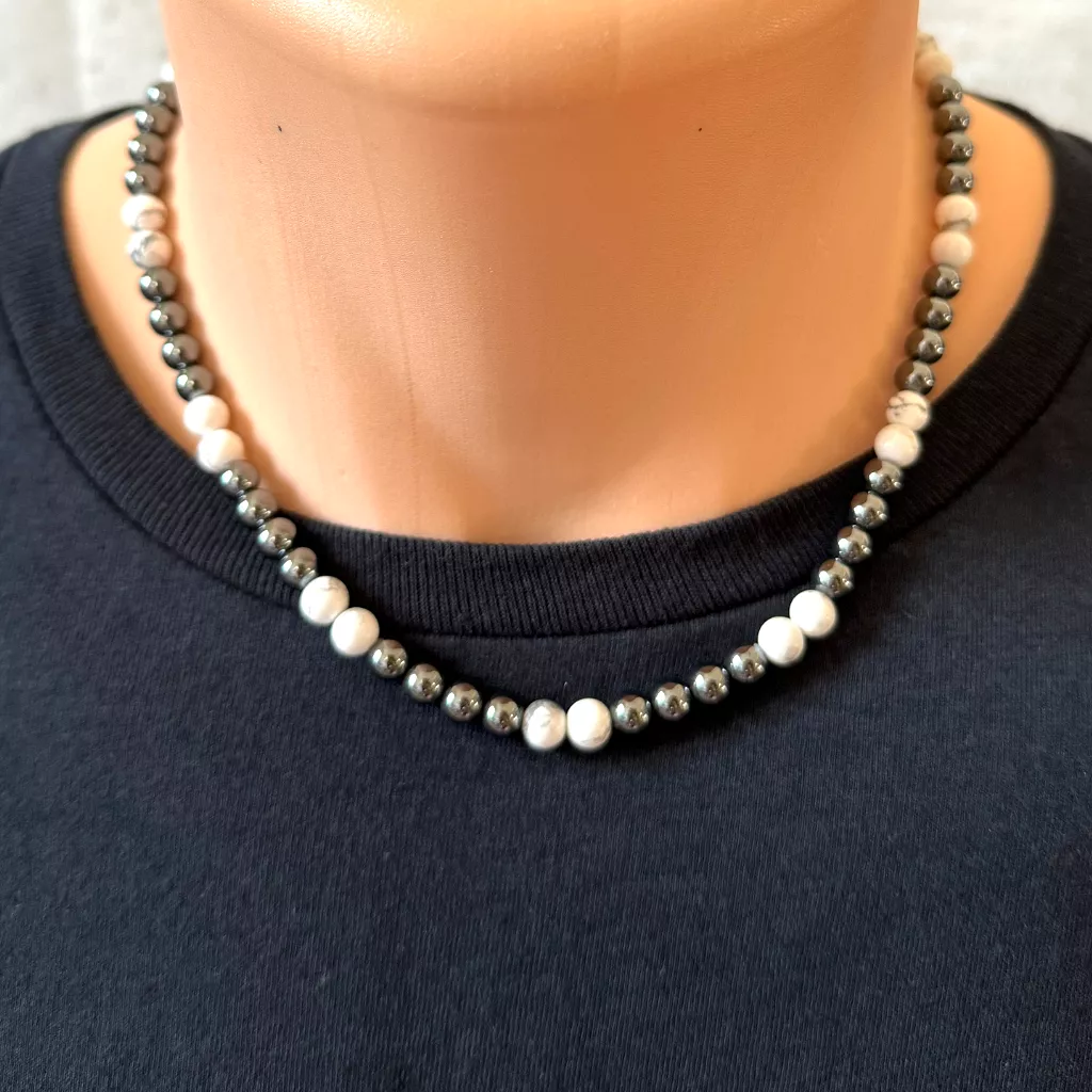 Mens Hematite and Howlite Beaded Necklace