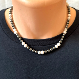 Mens Hematite and Howlite Beaded Necklace