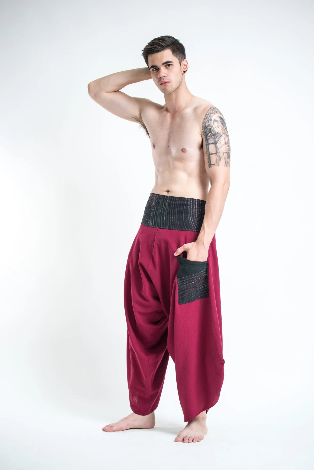 Men's Thai Button Up Cotton Pants with Hill Tribe Trim Red