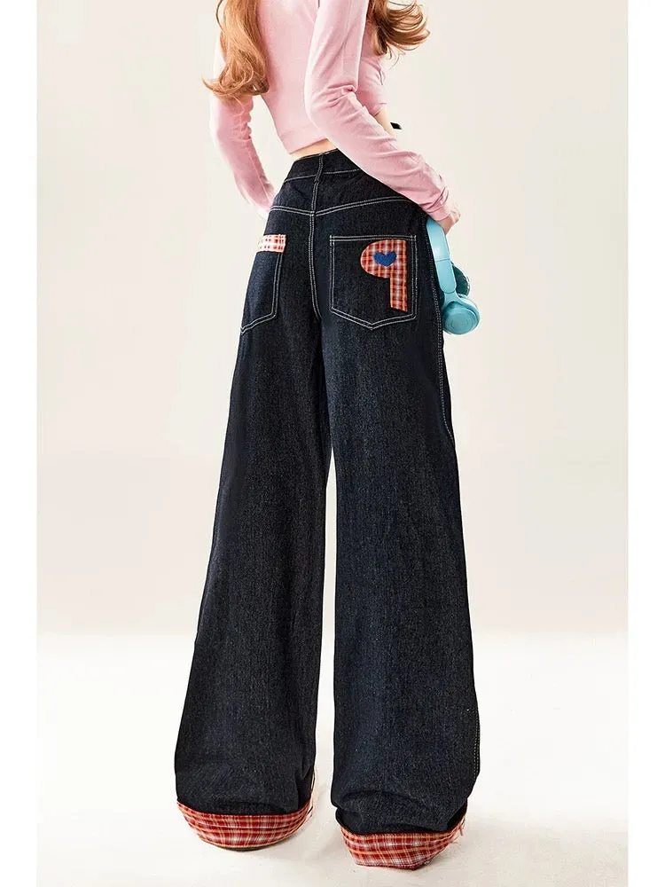 Natural cartoon embroidered jeans for women, spring and autumn style, cute little ones, loose wide-leg straight pants