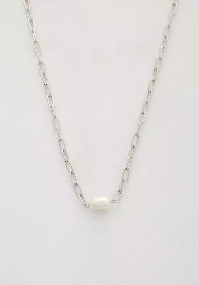 Pearl Bead Oval Link Necklace