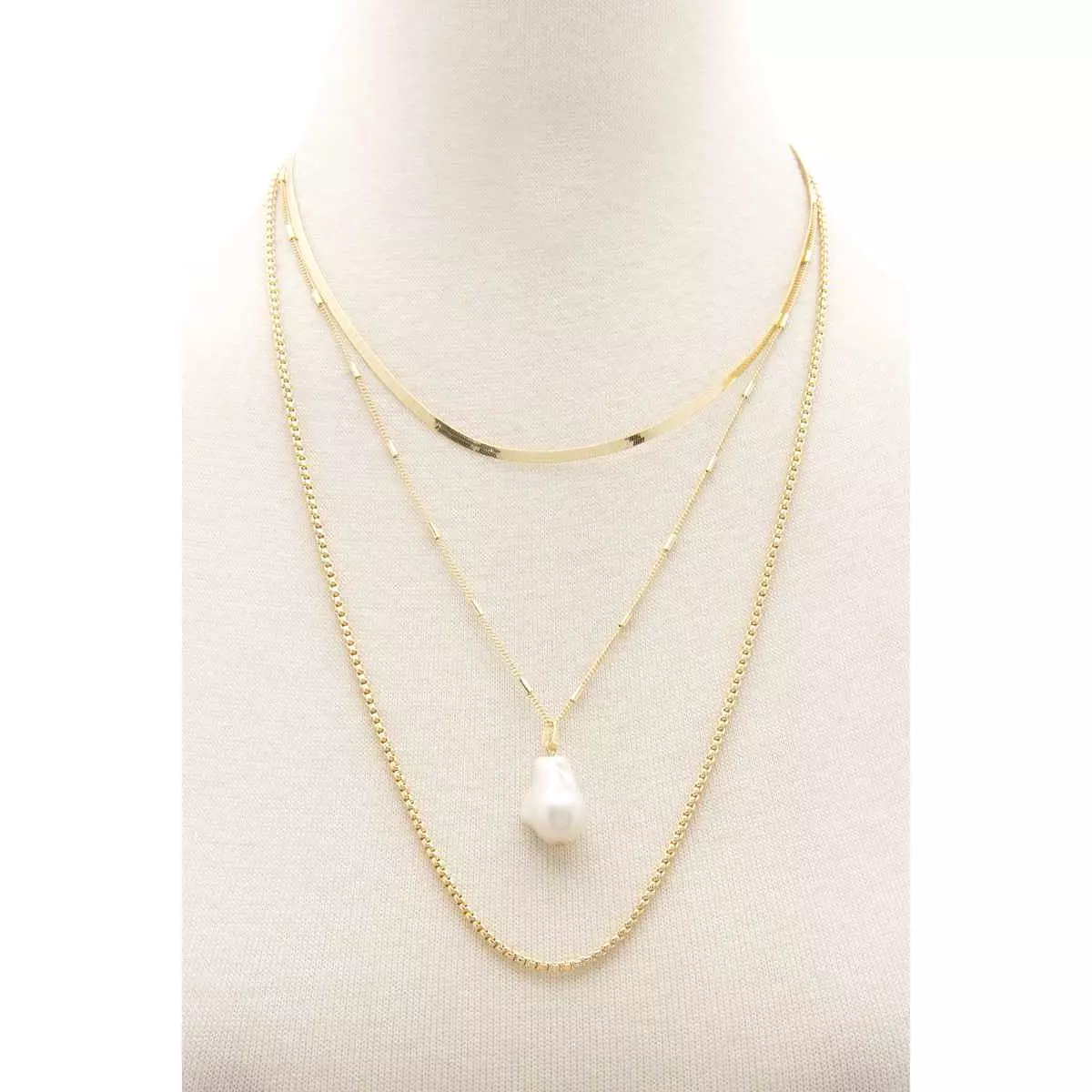 Pearl Herringbone Link Layered Necklace