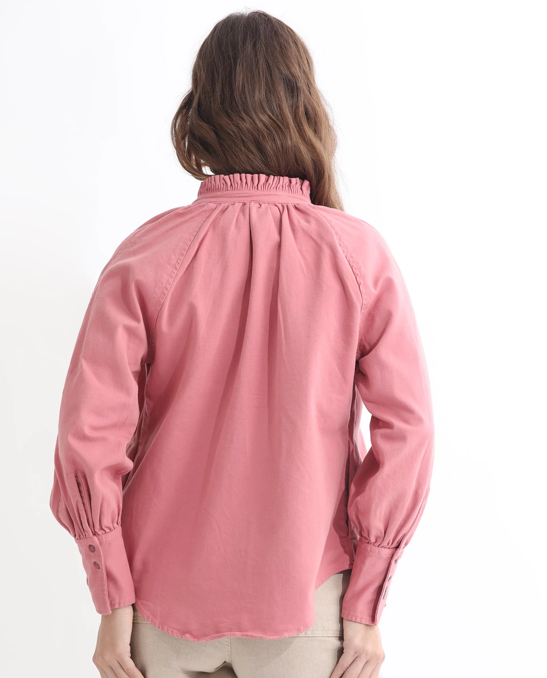 Rareism Women Bellona Dusky Pink Cotton Fabric Full Sleeves Solid Ruffled Neck Jacket