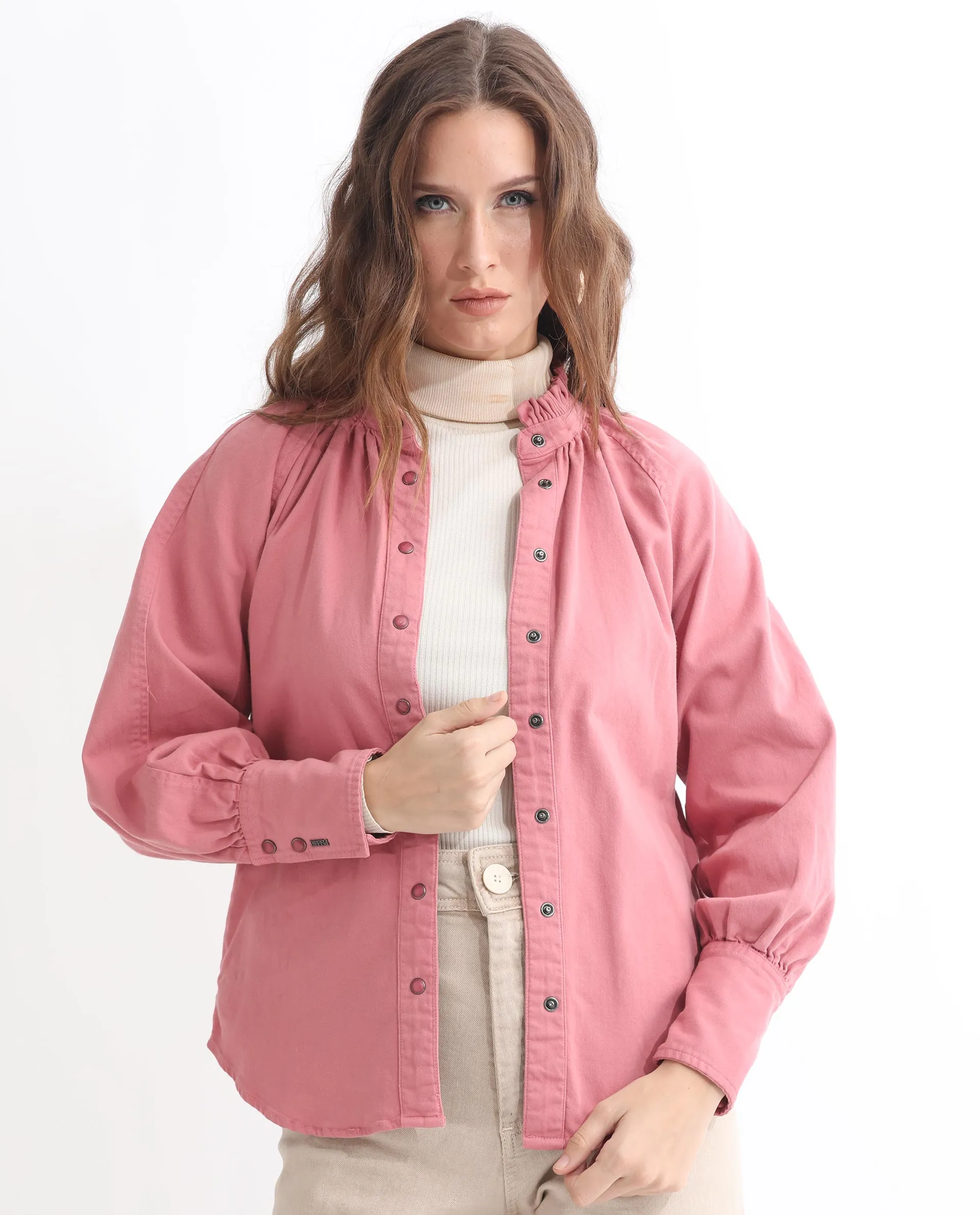 Rareism Women Bellona Dusky Pink Cotton Fabric Full Sleeves Solid Ruffled Neck Jacket