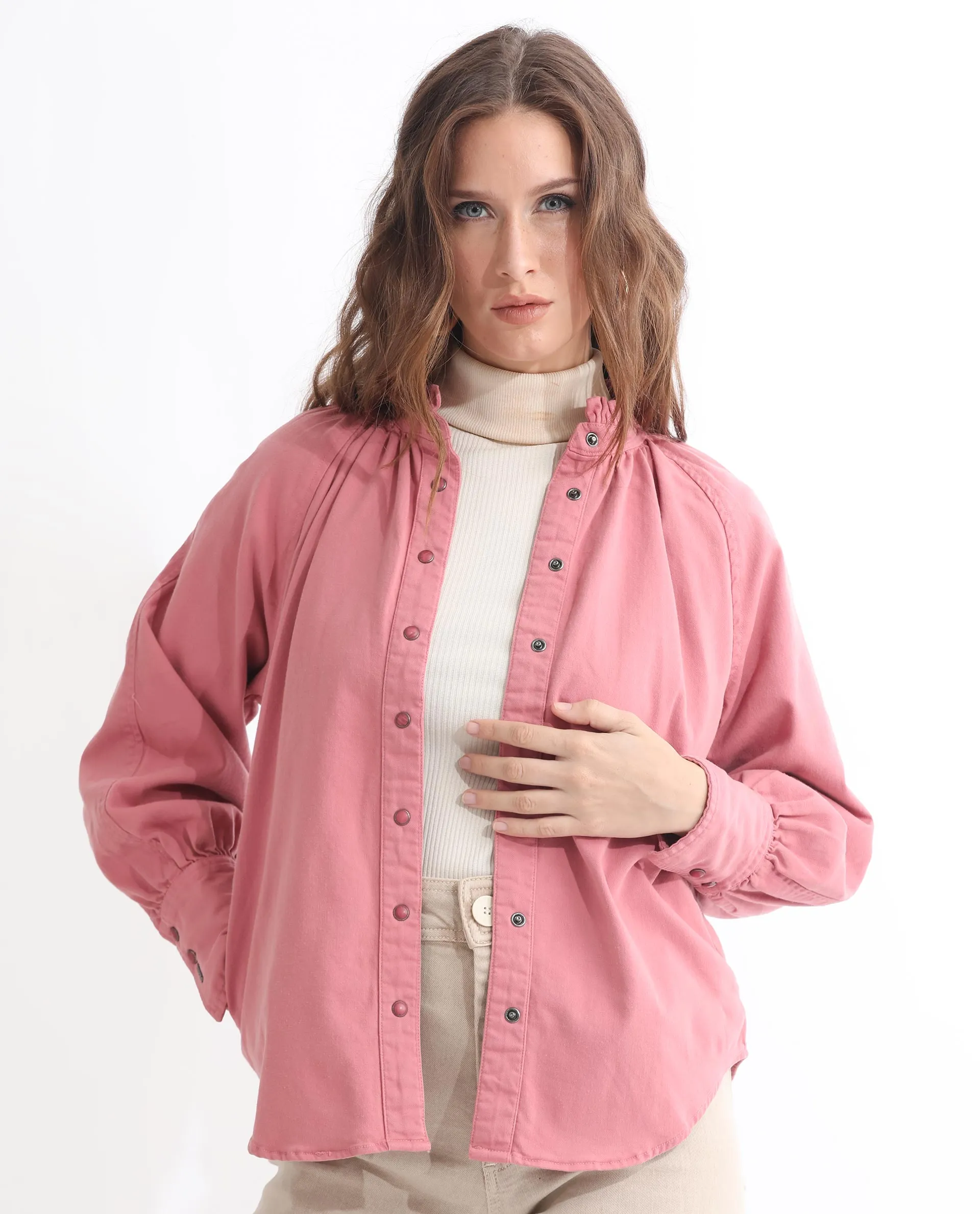 Rareism Women Bellona Dusky Pink Cotton Fabric Full Sleeves Solid Ruffled Neck Jacket