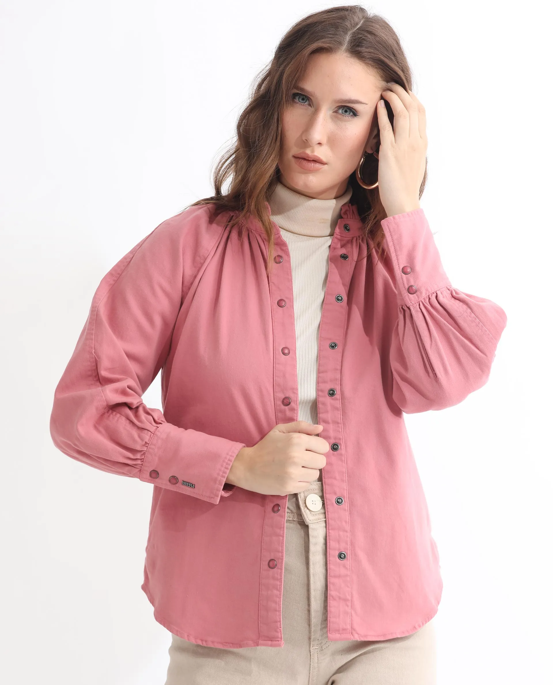 Rareism Women Bellona Dusky Pink Cotton Fabric Full Sleeves Solid Ruffled Neck Jacket