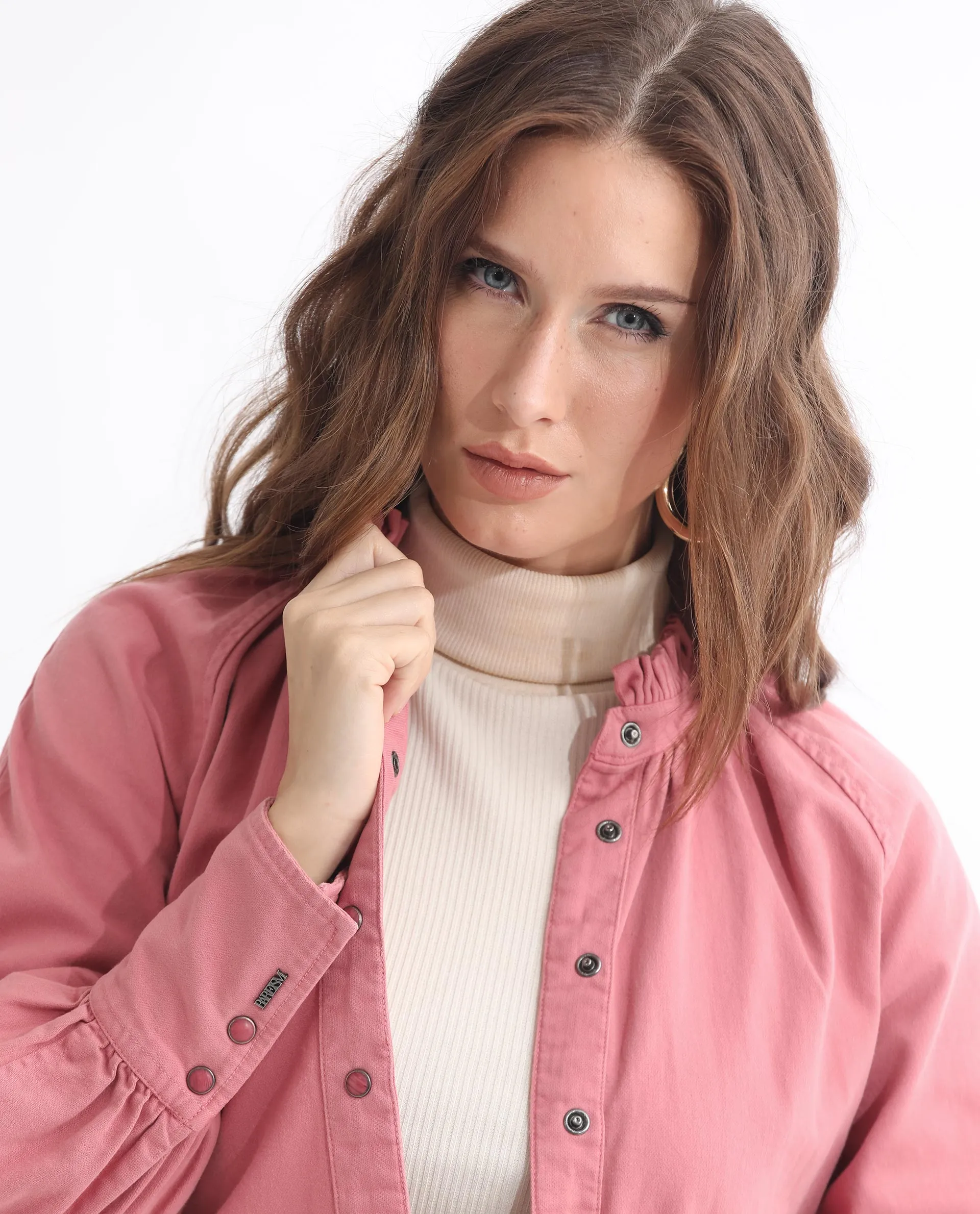 Rareism Women Bellona Dusky Pink Cotton Fabric Full Sleeves Solid Ruffled Neck Jacket