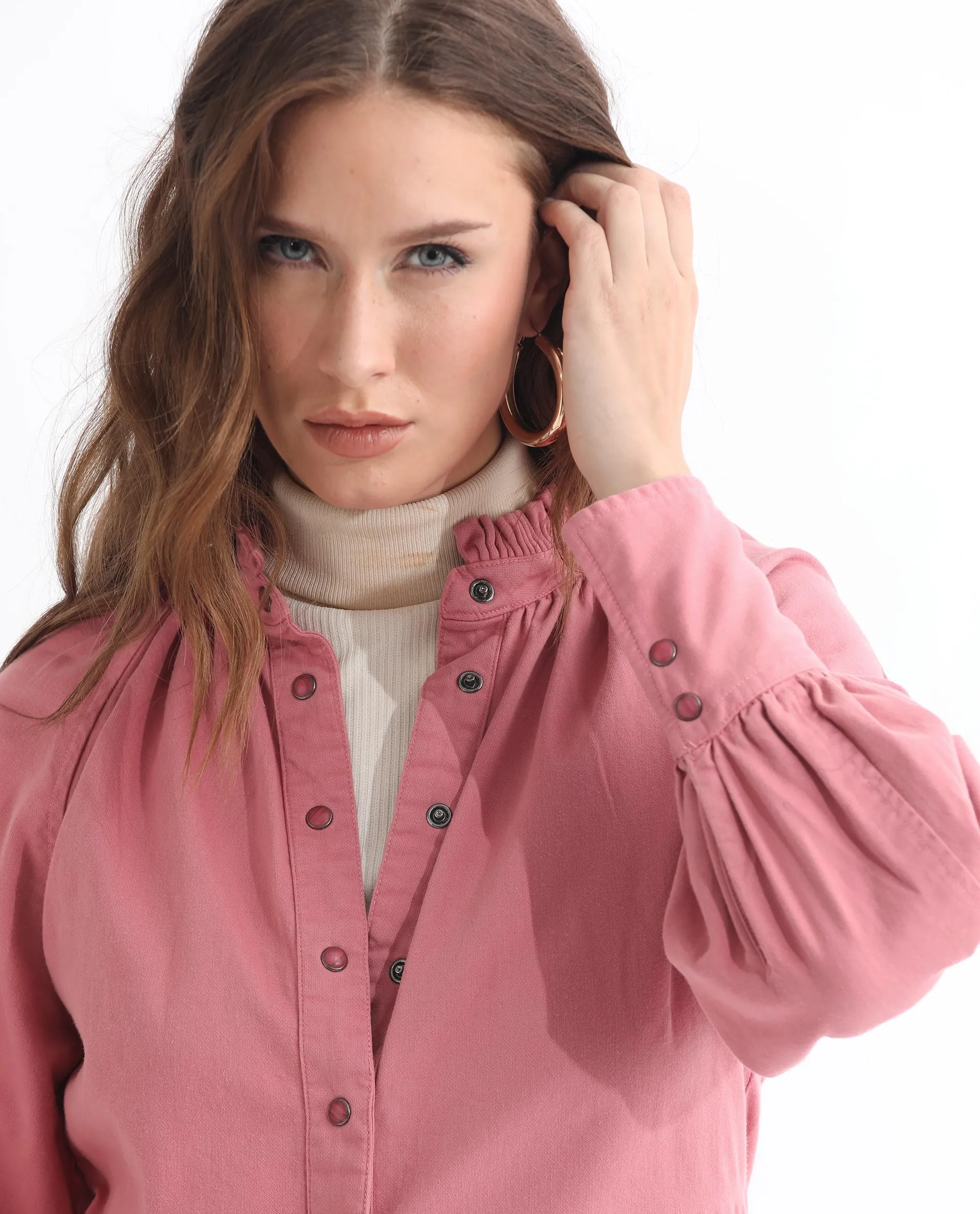 Rareism Women Bellona Dusky Pink Cotton Fabric Full Sleeves Solid Ruffled Neck Jacket