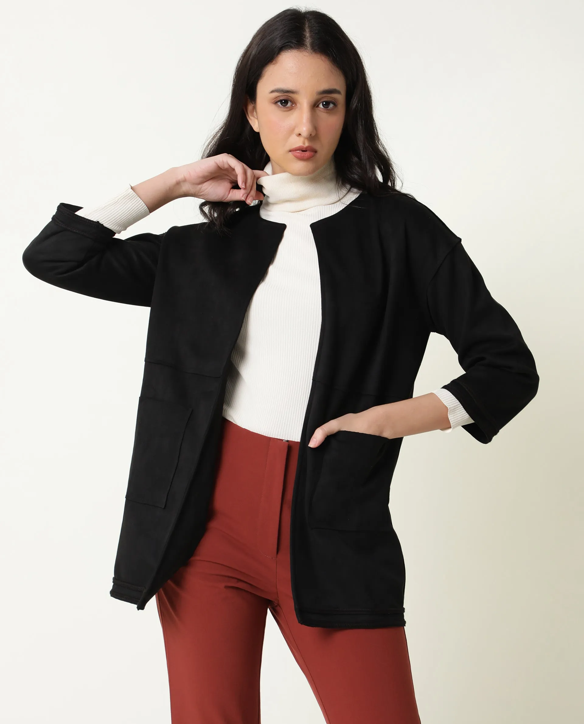 Rareism Women Square Black Polyester Fabric 3/4Th Sleeves Solid Boat Neck Jacket