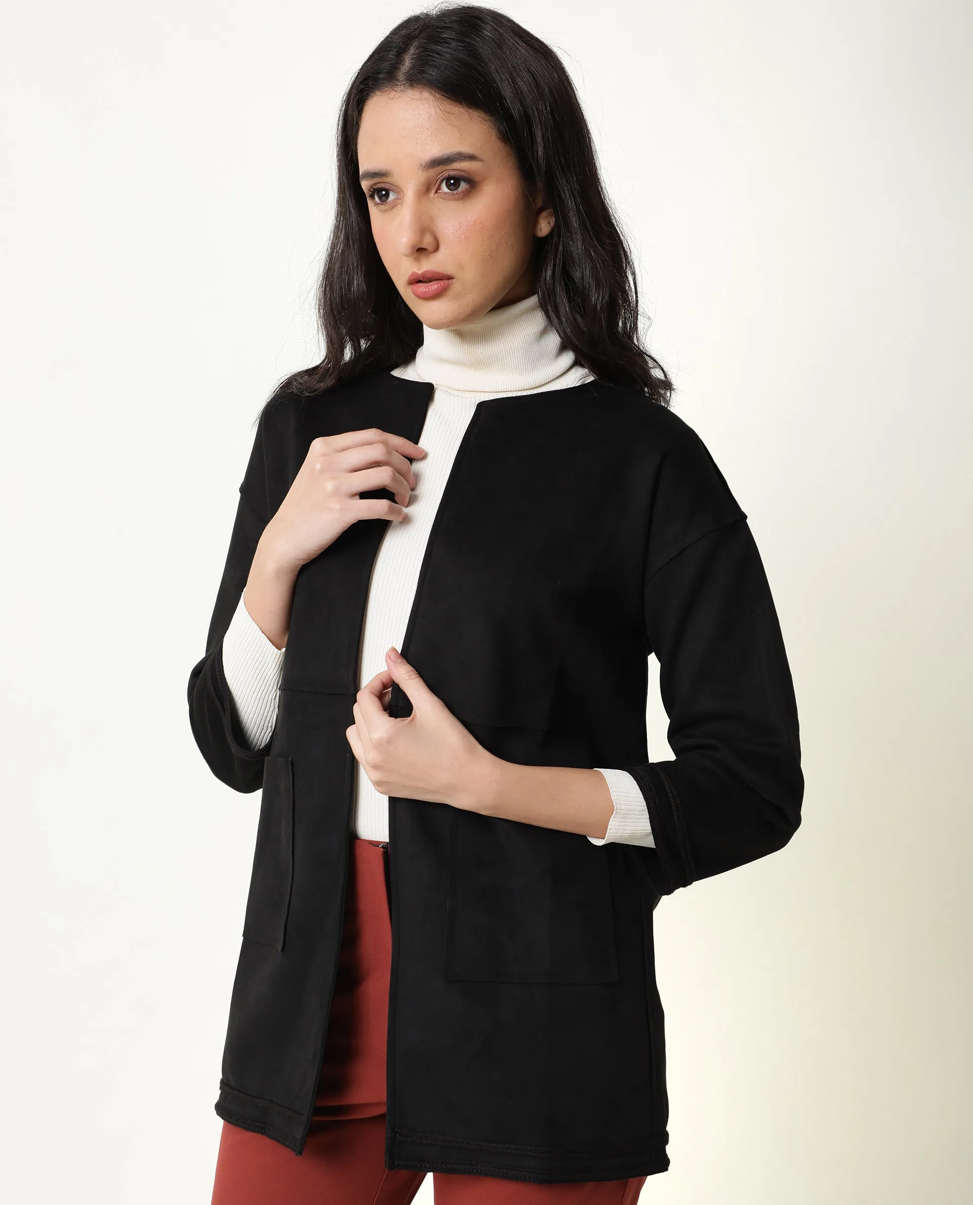 Rareism Women Square Black Polyester Fabric 3/4Th Sleeves Solid Boat Neck Jacket