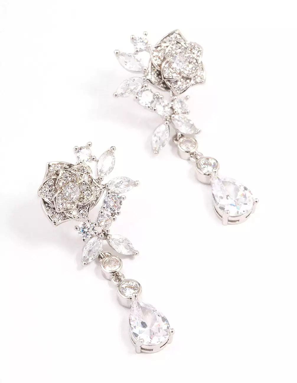 Rhodium Cubic Zirconia Flower Diamante Drop Earrings