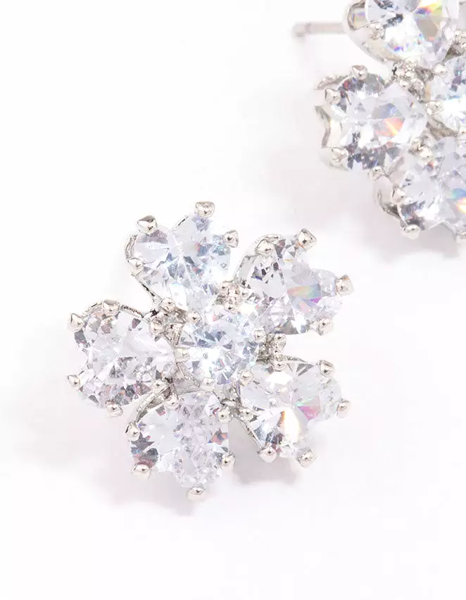 Rhodium Cubic Zirconia Small Flower Stud Earrings