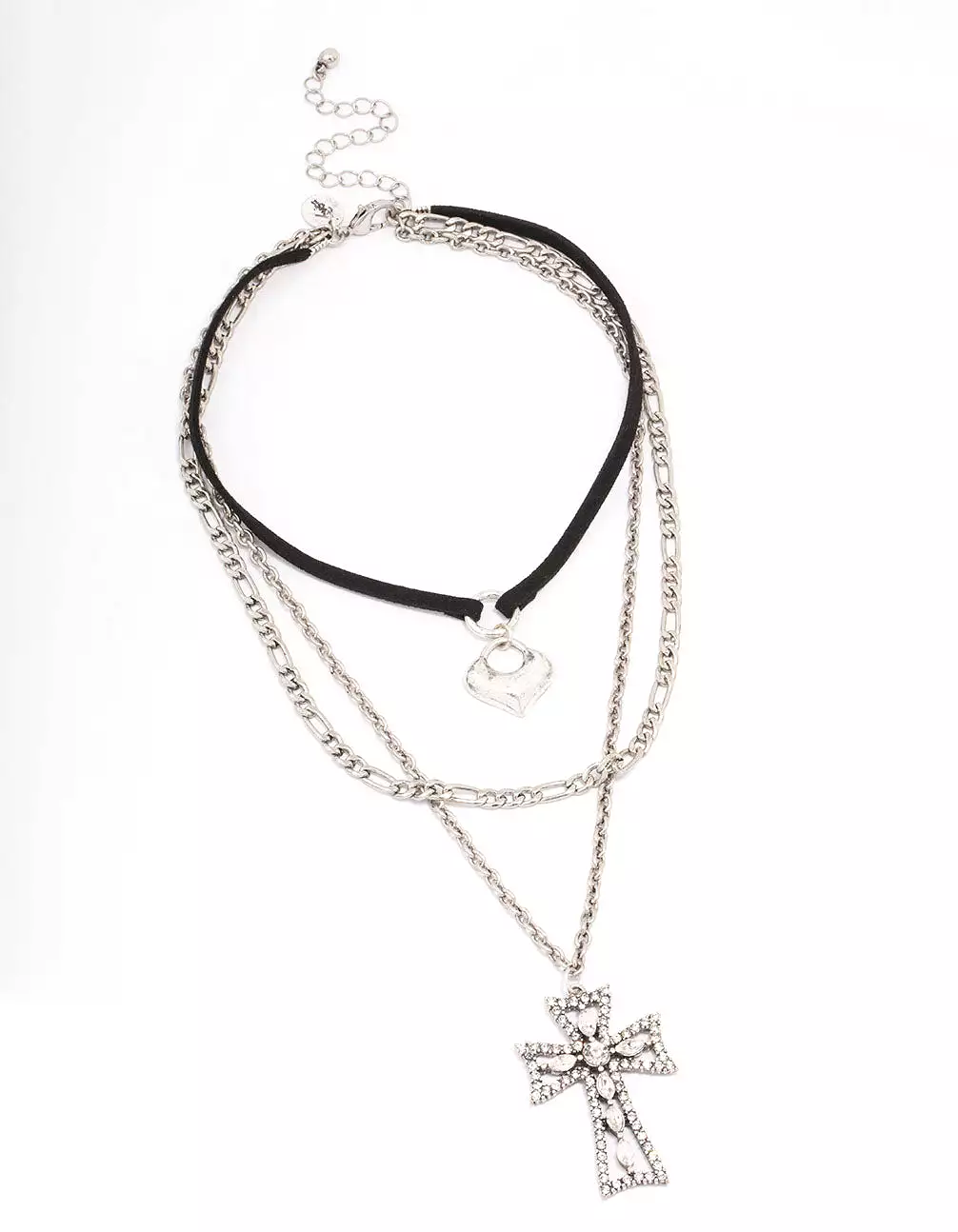 Rhodium Diamante Cross Cord Layered Necklace