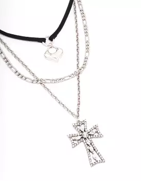 Rhodium Diamante Cross Cord Layered Necklace