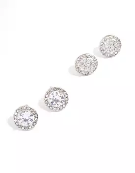 Rhodium Round & Flower Halo Earrings Pack