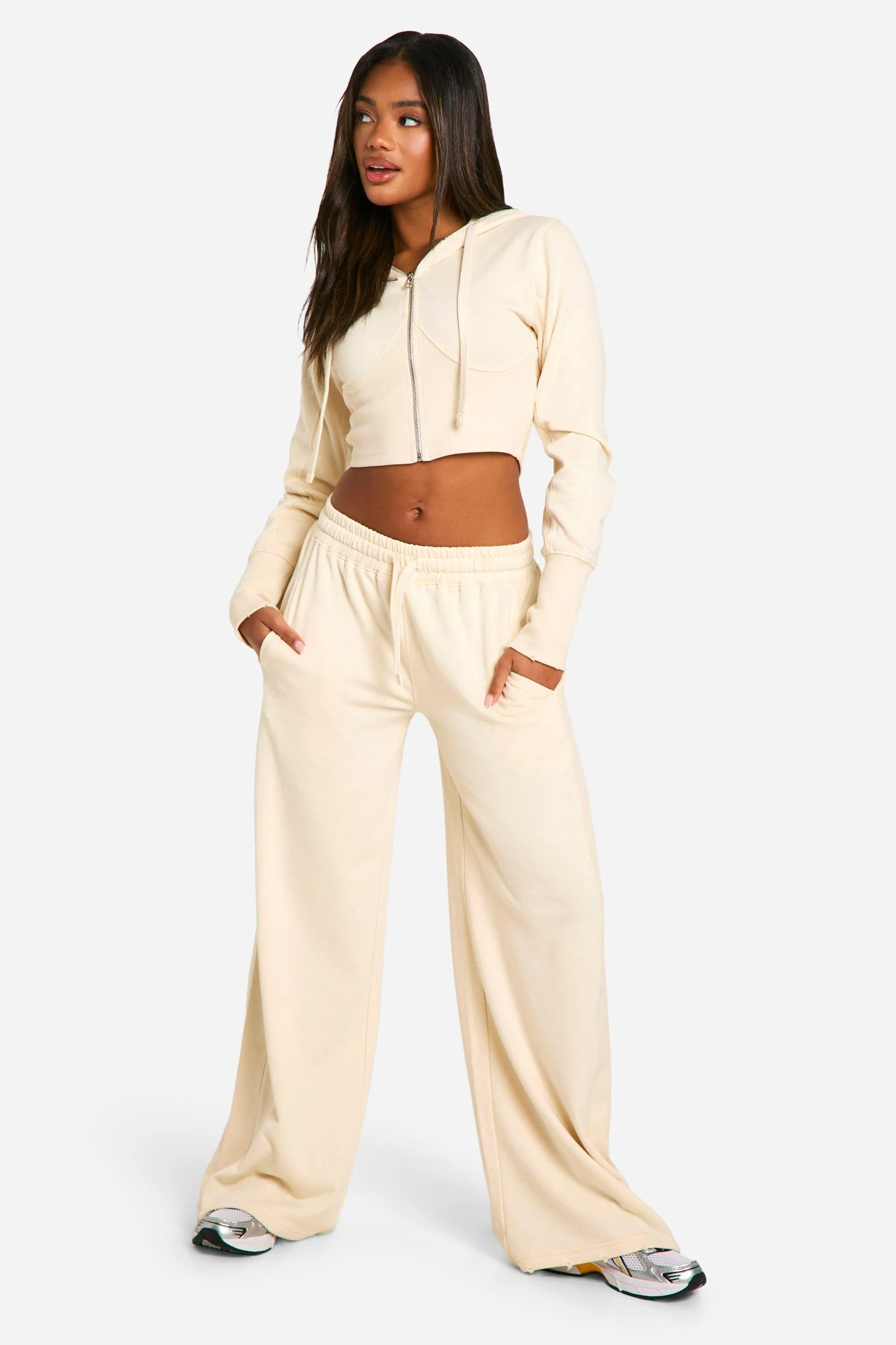 Rib Insert Corset Detail Hoodie And Straight Leg Sweatpant Tracksuit