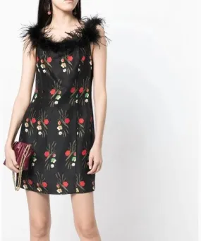 RIXO Floral-Print Feather-Trim Mini Dress