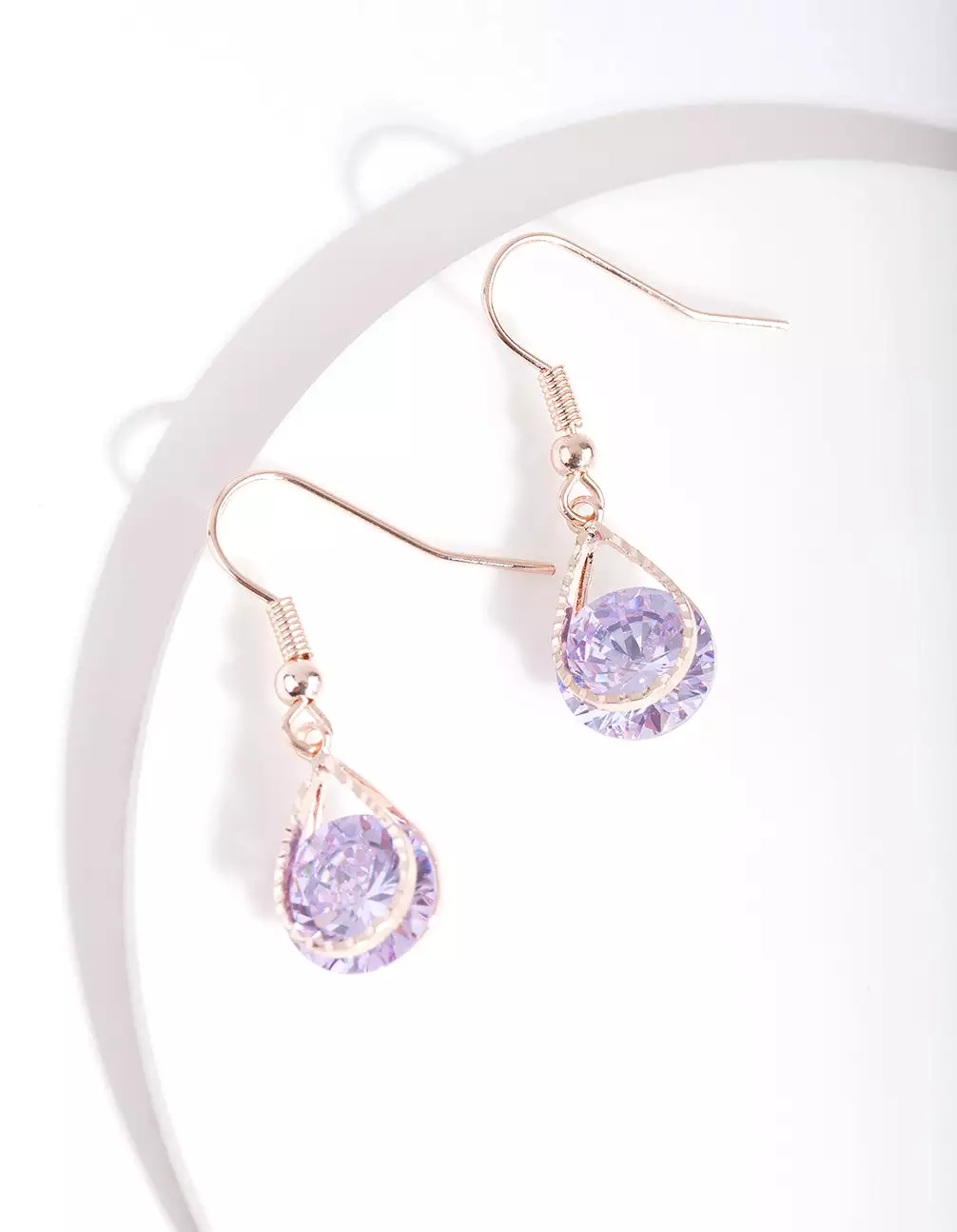 Rose Gold Cubic Zirconia Purple Diamante Teardrop Earrings